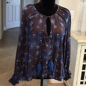 Sohalia peasant top, brown/blue/pale green/lavendar, tassel front, size M